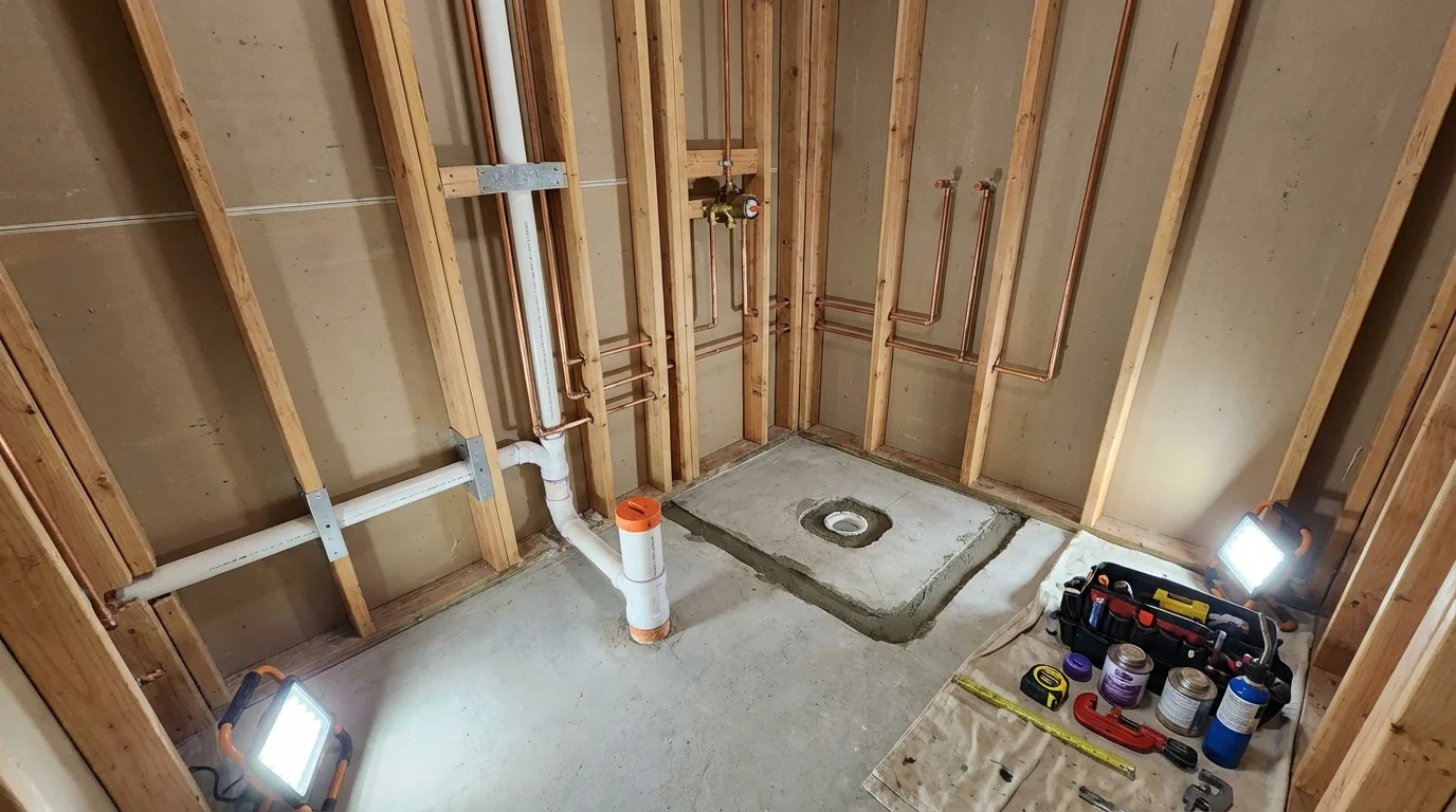 Bathroom rough-in plumbing during remodel by Johns Plumbing LLC in Estill